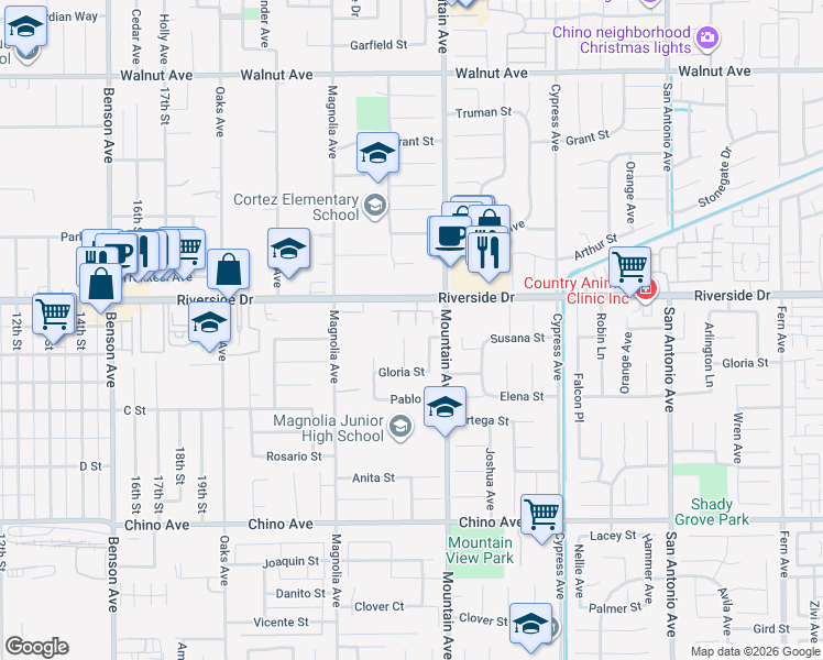 map of restaurants, bars, coffee shops, grocery stores, and more near 12959 Cambridge Court in Chino