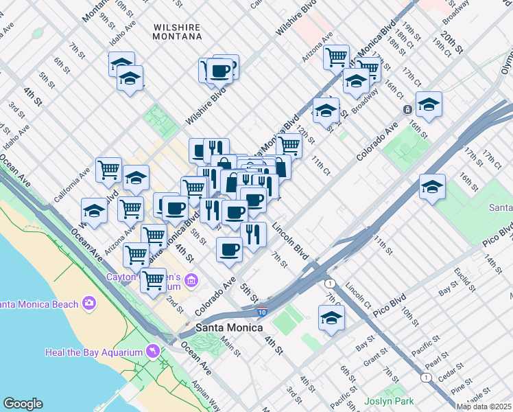 map of restaurants, bars, coffee shops, grocery stores, and more near in Santa Monica