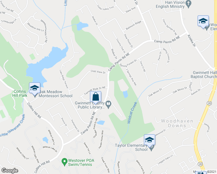 map of restaurants, bars, coffee shops, grocery stores, and more near Camp Perrin Road Northeast in Gwinnett County