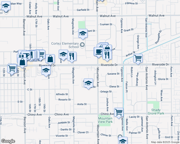 map of restaurants, bars, coffee shops, grocery stores, and more near 12959 Cambridge Court in Chino