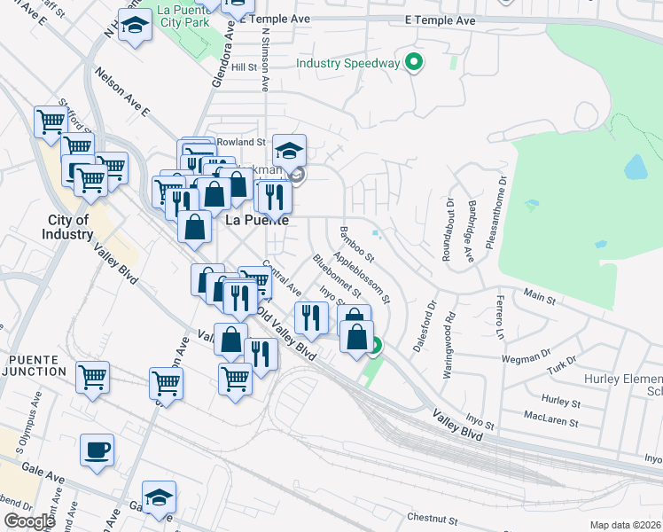 map of restaurants, bars, coffee shops, grocery stores, and more near 16203 Bluebonnet Street in La Puente