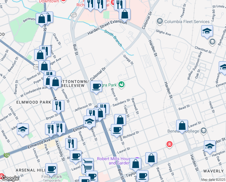 map of restaurants, bars, coffee shops, grocery stores, and more near 2202 Boyce Street in Columbia