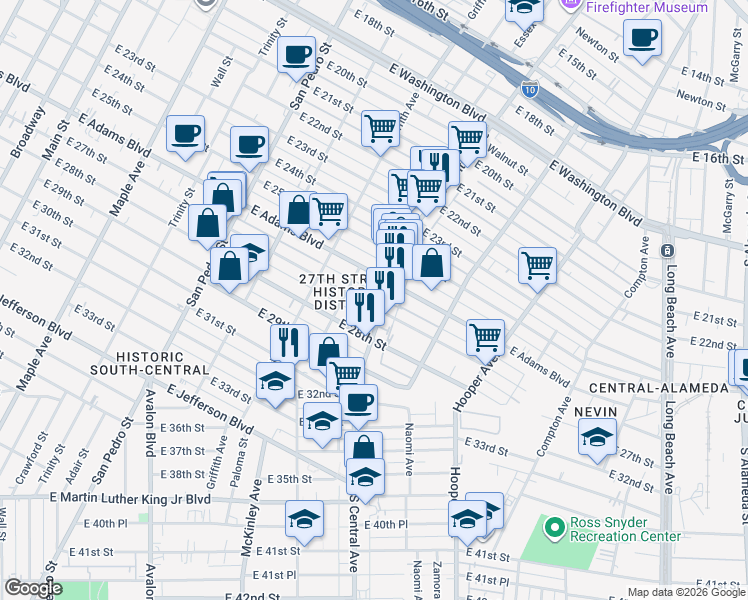 map of restaurants, bars, coffee shops, grocery stores, and more near 1035 East 27th Street in Los Angeles
