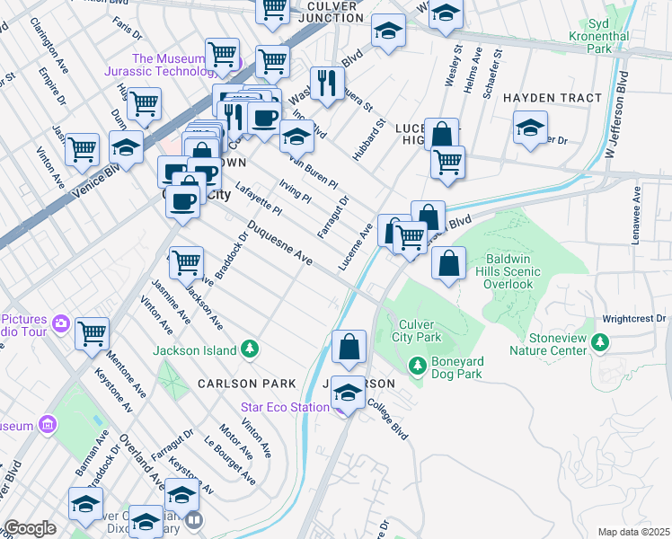 map of restaurants, bars, coffee shops, grocery stores, and more near 4244 Duquesne Avenue in Culver City