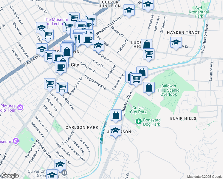map of restaurants, bars, coffee shops, grocery stores, and more near 4244 Duquesne Avenue in Culver City