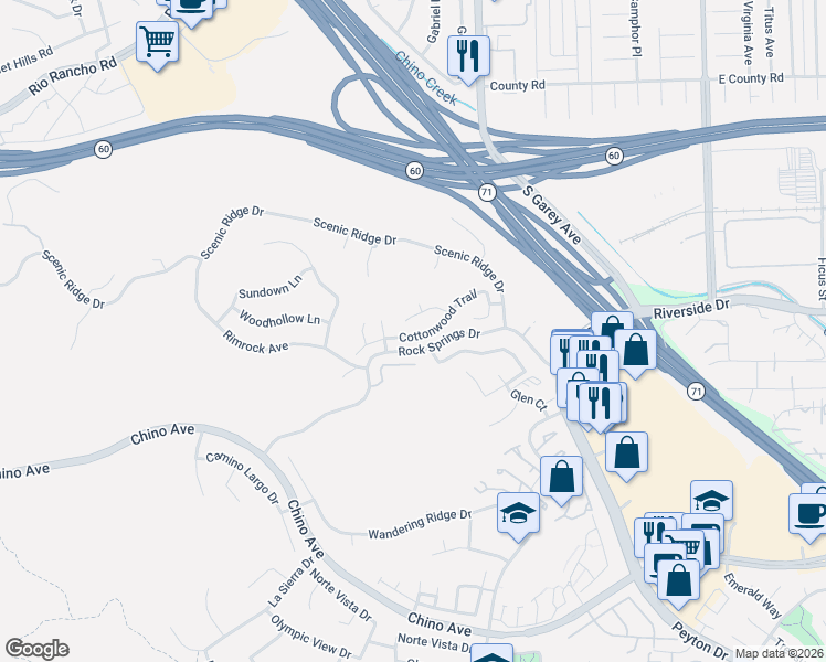 map of restaurants, bars, coffee shops, grocery stores, and more near 2470 Cottonwood Trail in Chino Hills