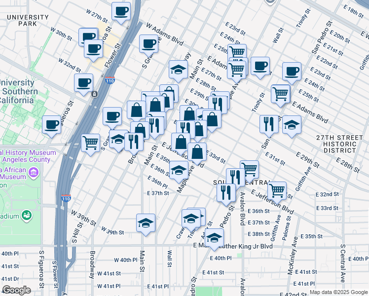 map of restaurants, bars, coffee shops, grocery stores, and more near 157 E Jefferson Blvd in Los Angeles