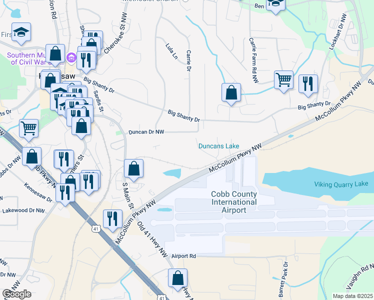 map of restaurants, bars, coffee shops, grocery stores, and more near 1837 Duncan Drive Northwest in Kennesaw
