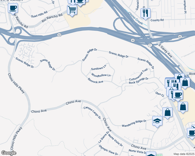 map of restaurants, bars, coffee shops, grocery stores, and more near 2171 Woodhollow Lane in Chino Hills