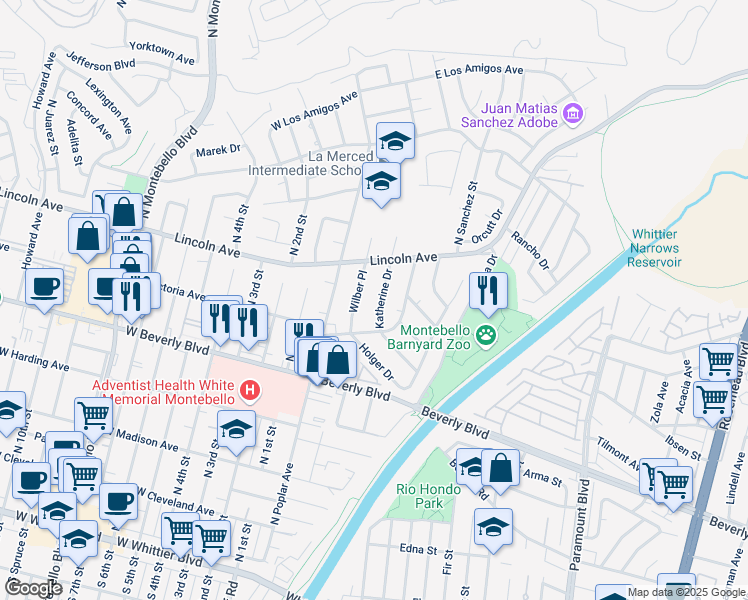 map of restaurants, bars, coffee shops, grocery stores, and more near 640 Wilber Place in Montebello