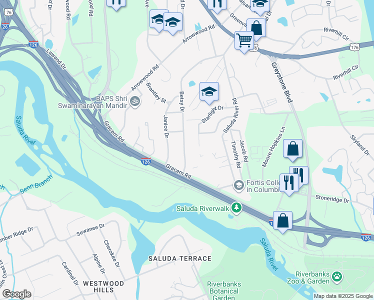 map of restaurants, bars, coffee shops, grocery stores, and more near 724 Betsy Drive in Columbia