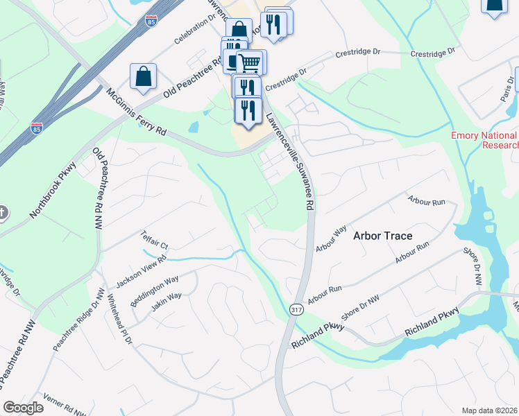 map of restaurants, bars, coffee shops, grocery stores, and more near 2602 Lawrenceville-Suwanee Road in Suwanee