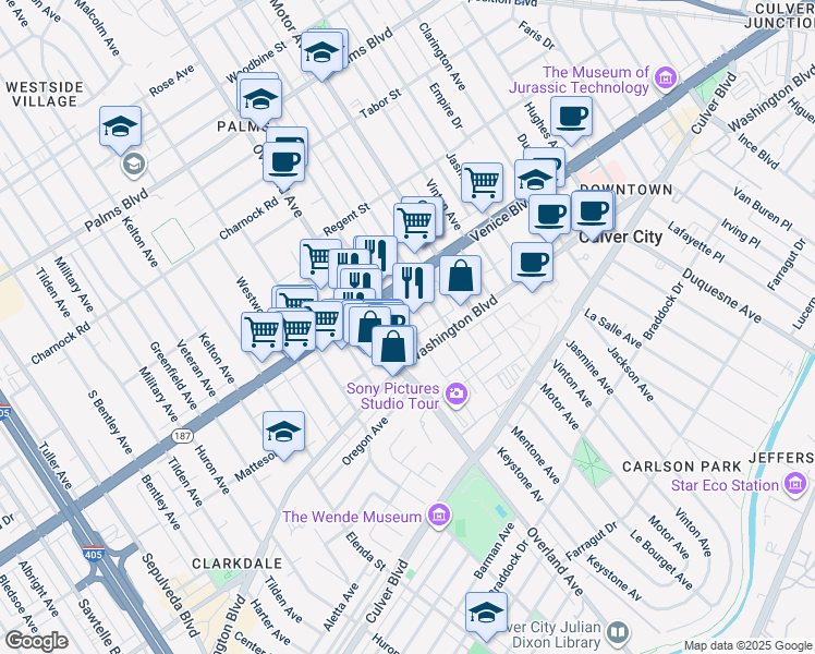 map of restaurants, bars, coffee shops, grocery stores, and more near 3835 1/4 Keystone Avenue in Culver City