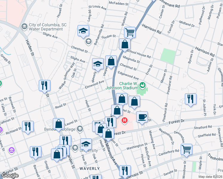 map of restaurants, bars, coffee shops, grocery stores, and more near in Columbia