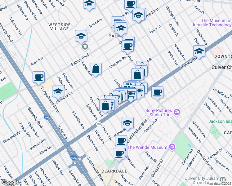 map of restaurants, bars, coffee shops, grocery stores, and more near 3726 Midvale Avenue in Los Angeles