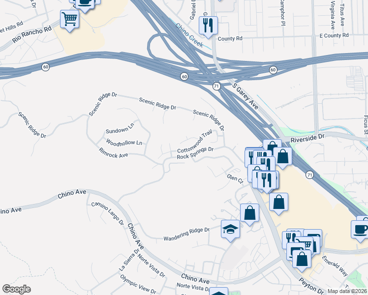 map of restaurants, bars, coffee shops, grocery stores, and more near 2471 Hillsborough Lane in Chino Hills