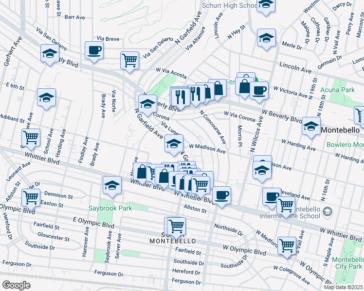 map of restaurants, bars, coffee shops, grocery stores, and more near 405 Via Luneto in Montebello