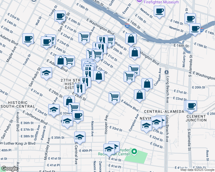 map of restaurants, bars, coffee shops, grocery stores, and more near 1172 East 25th Street in Los Angeles
