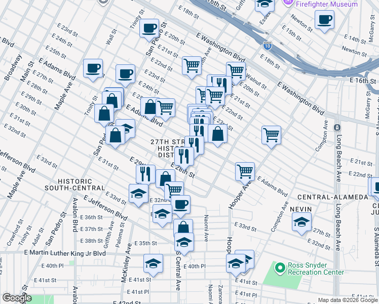 map of restaurants, bars, coffee shops, grocery stores, and more near 2603 South Central Avenue in Los Angeles