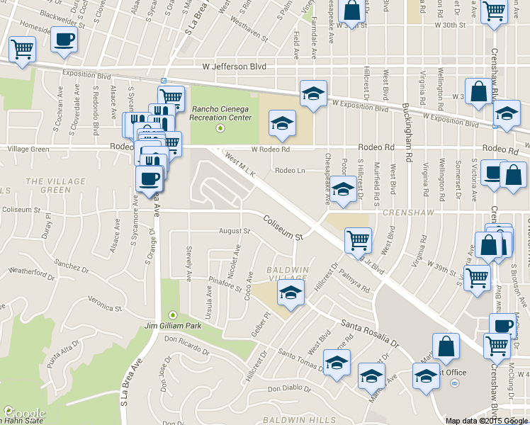 map of restaurants, bars, coffee shops, grocery stores, and more near 4630 West Martin Luther King Junior Boulevard in Los Angeles