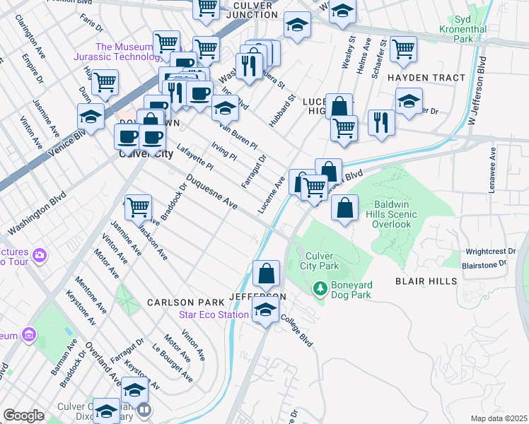 map of restaurants, bars, coffee shops, grocery stores, and more near 9632 Lucerne Avenue in Los Angeles