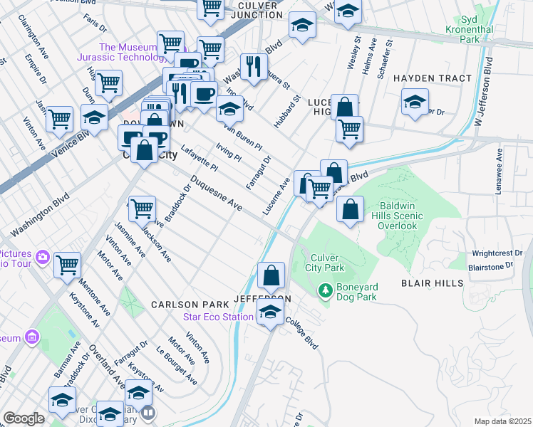 map of restaurants, bars, coffee shops, grocery stores, and more near 4221 Duquesne Avenue in Culver City
