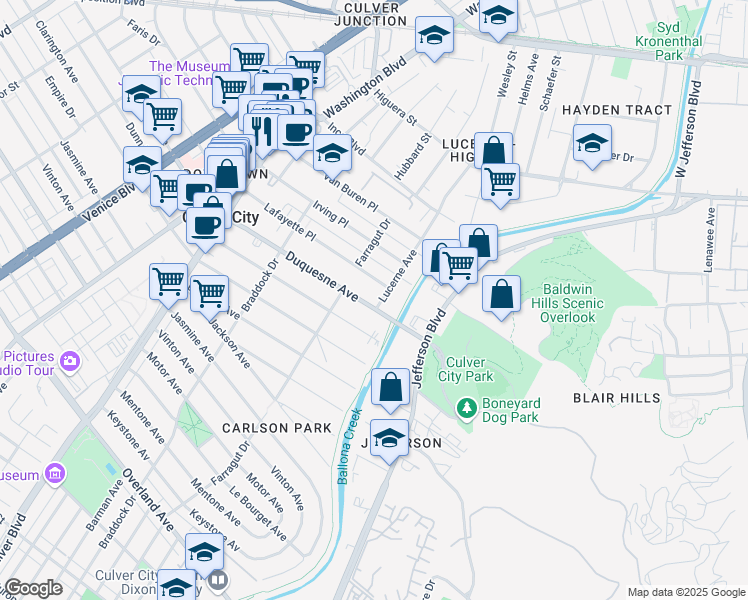 map of restaurants, bars, coffee shops, grocery stores, and more near 4221 Duquesne Avenue in Culver City