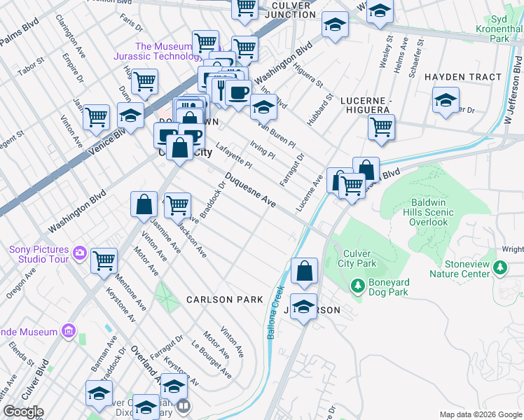 map of restaurants, bars, coffee shops, grocery stores, and more near 4185 Duquesne Avenue in Culver City