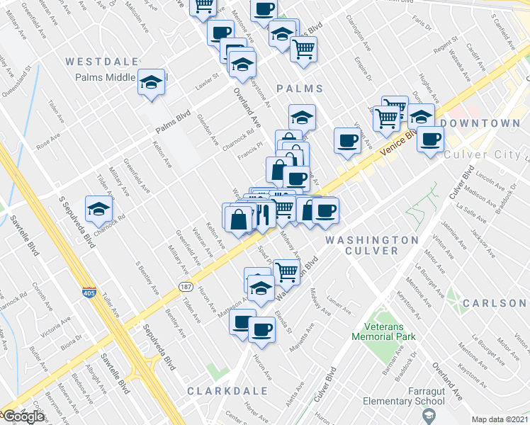 map of restaurants, bars, coffee shops, grocery stores, and more near 3745 Glendon Avenue in Los Angeles