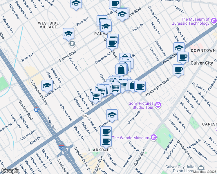 map of restaurants, bars, coffee shops, grocery stores, and more near 3745 Glendon Avenue in Los Angeles