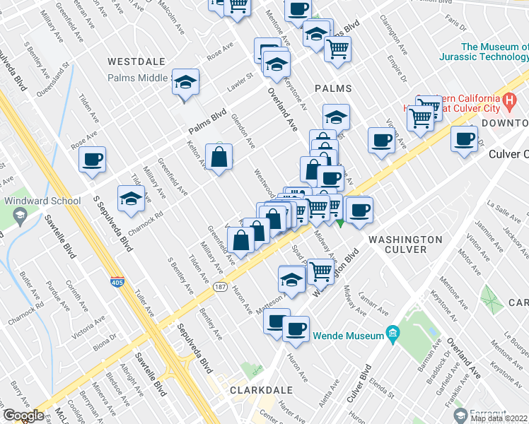 map of restaurants, bars, coffee shops, grocery stores, and more near 3721 Westwood Boulevard in Los Angeles