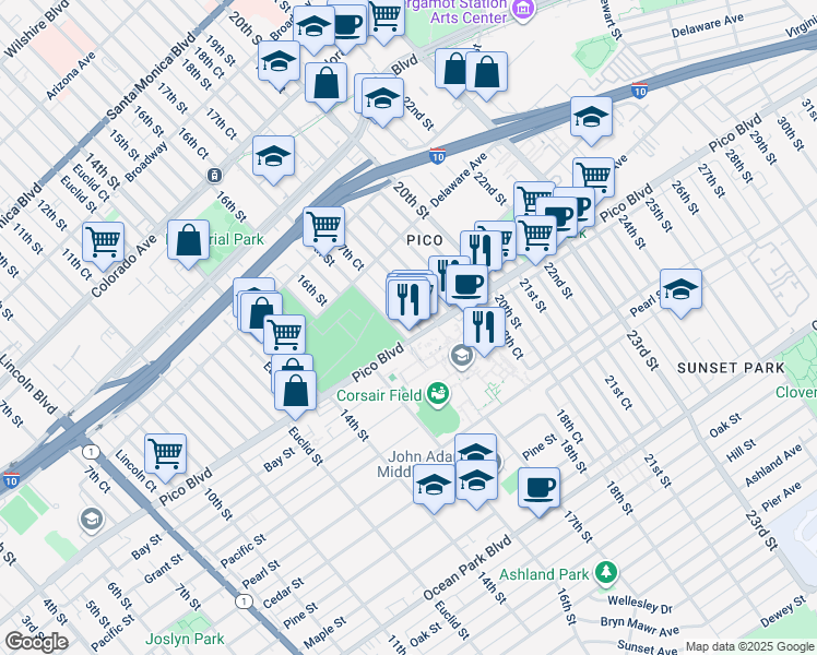map of restaurants, bars, coffee shops, grocery stores, and more near 1963 17th Court in Santa Monica