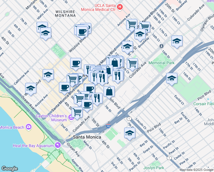 map of restaurants, bars, coffee shops, grocery stores, and more near 1519 9th Street in Santa Monica