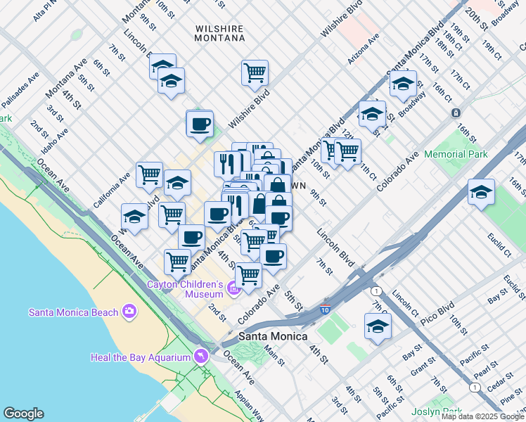 map of restaurants, bars, coffee shops, grocery stores, and more near 620 West Historic Route 66 in Santa Monica