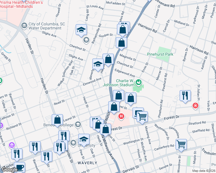 map of restaurants, bars, coffee shops, grocery stores, and more near in Columbia