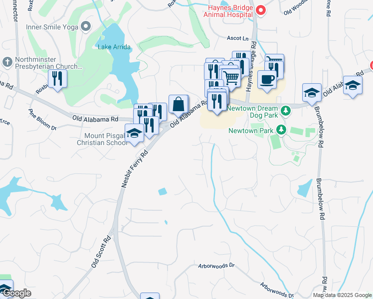 map of restaurants, bars, coffee shops, grocery stores, and more near 2910 Leeds Garden Lane in Alpharetta