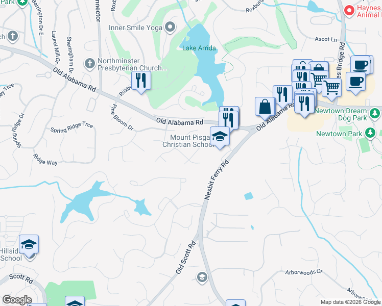 map of restaurants, bars, coffee shops, grocery stores, and more near 520 Woodline Court in Roswell