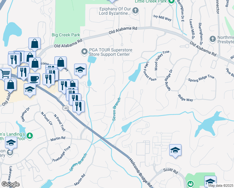 map of restaurants, bars, coffee shops, grocery stores, and more near 555 Creekwood Crossing East in Roswell