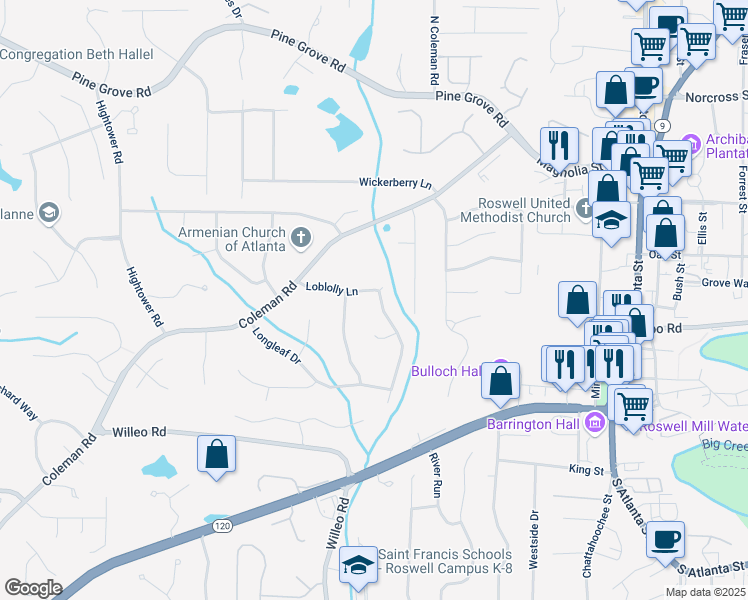 map of restaurants, bars, coffee shops, grocery stores, and more near 9760 Loblolly Lane in Roswell