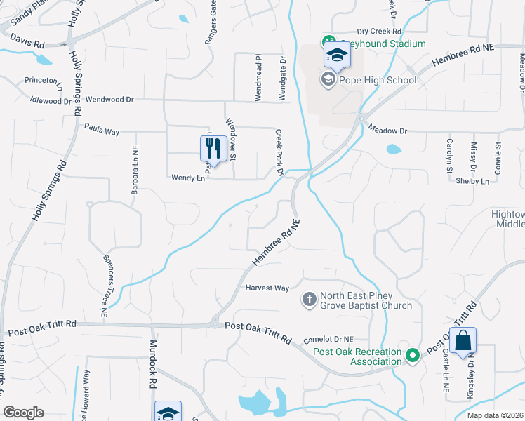 map of restaurants, bars, coffee shops, grocery stores, and more near 3283 Timber Bluff Drive Northeast in Marietta