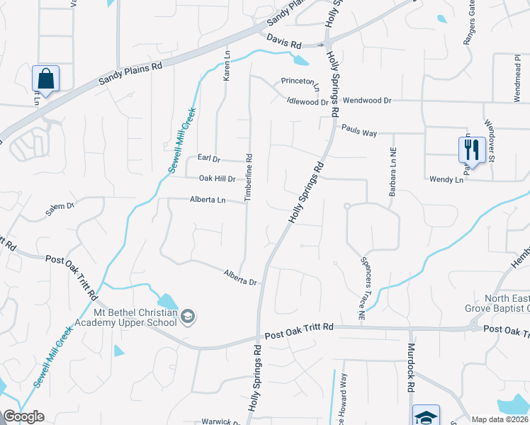 map of restaurants, bars, coffee shops, grocery stores, and more near 2851 Frankie Lane in Marietta