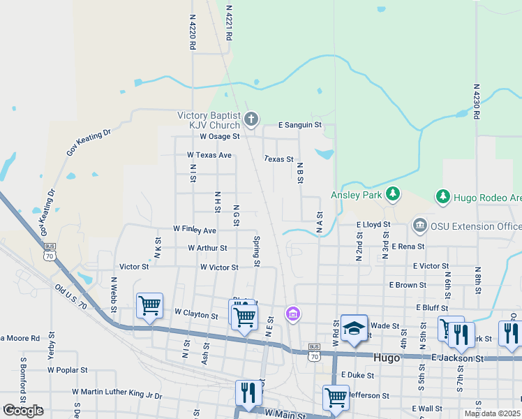 map of restaurants, bars, coffee shops, grocery stores, and more near 1311 North Lambert Street in Hugo