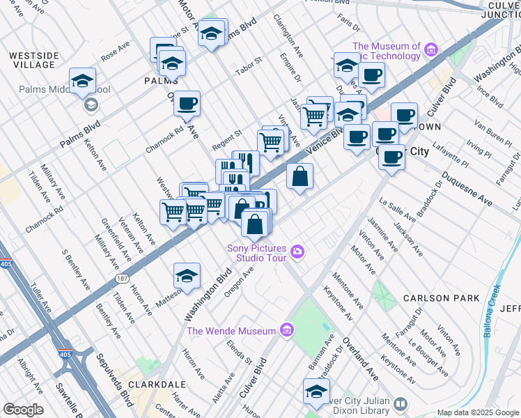 map of restaurants, bars, coffee shops, grocery stores, and more near 3839 1/2 Keystone Avenue in Culver City