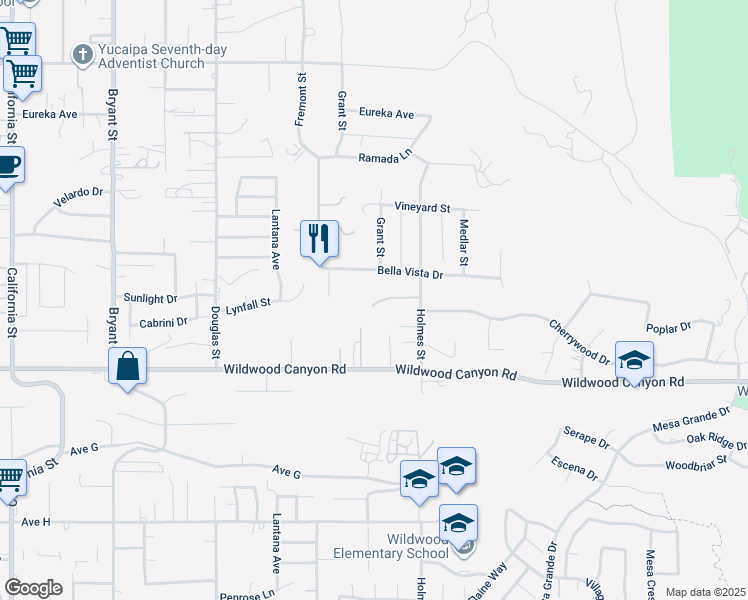 map of restaurants, bars, coffee shops, grocery stores, and more near Brookwood Court in Yucaipa