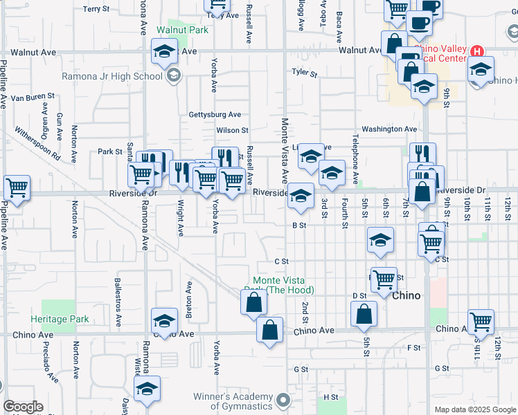 map of restaurants, bars, coffee shops, grocery stores, and more near 12951 Royal Palm Circle in Chino