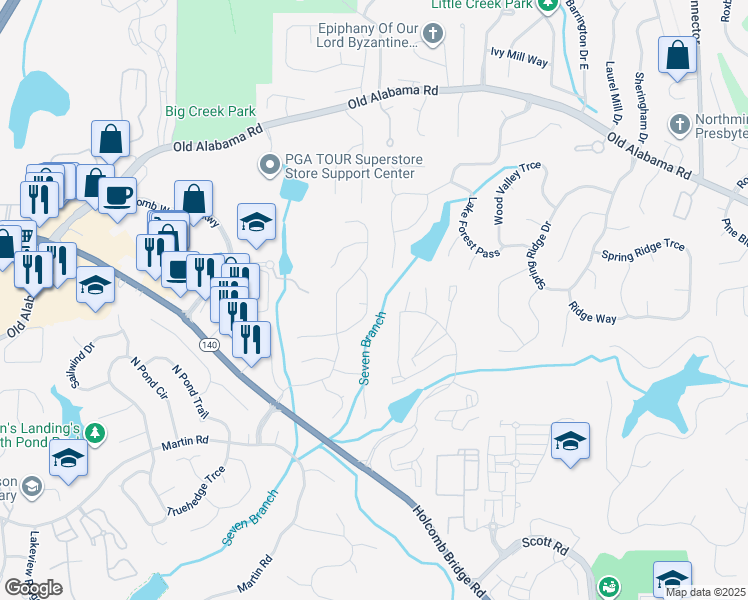 map of restaurants, bars, coffee shops, grocery stores, and more near 555 Creekwood Crossing East in Roswell
