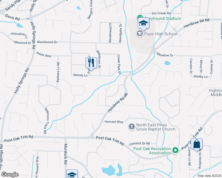 map of restaurants, bars, coffee shops, grocery stores, and more near 3283 Timber Bluff Drive Northeast in Marietta