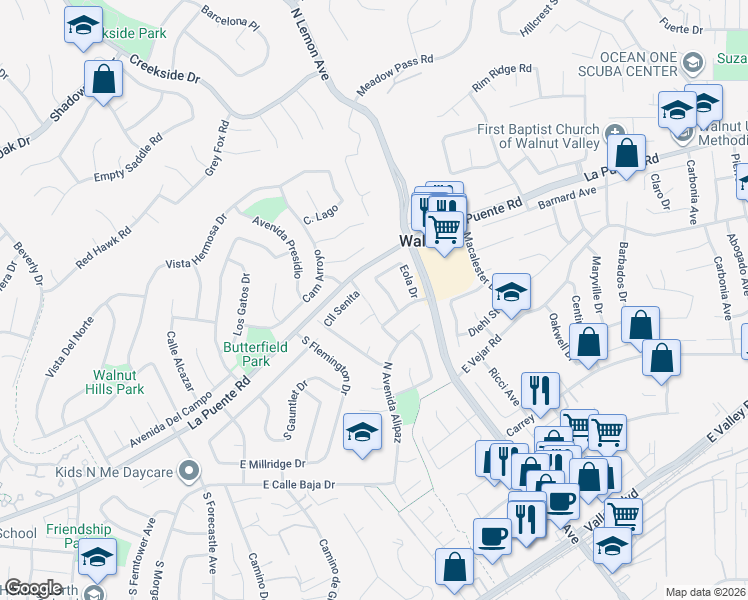 map of restaurants, bars, coffee shops, grocery stores, and more near 328 La Tortola Drive in Walnut