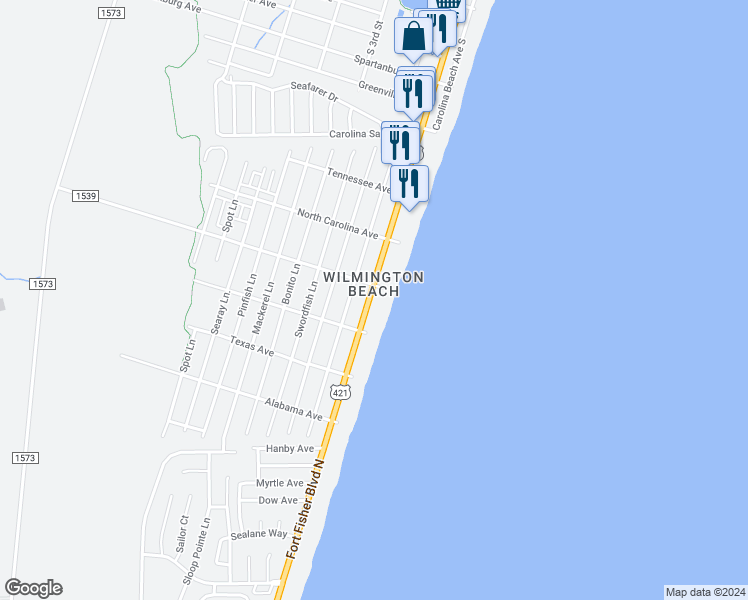 map of restaurants, bars, coffee shops, grocery stores, and more near 1403 South Lake Park Boulevard in Carolina Beach