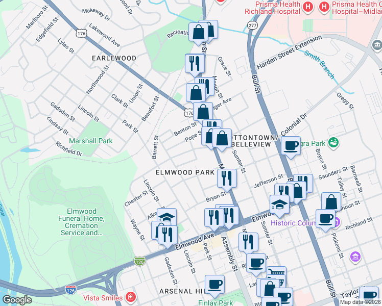 map of restaurants, bars, coffee shops, grocery stores, and more near 1027 Confederate Avenue in Columbia